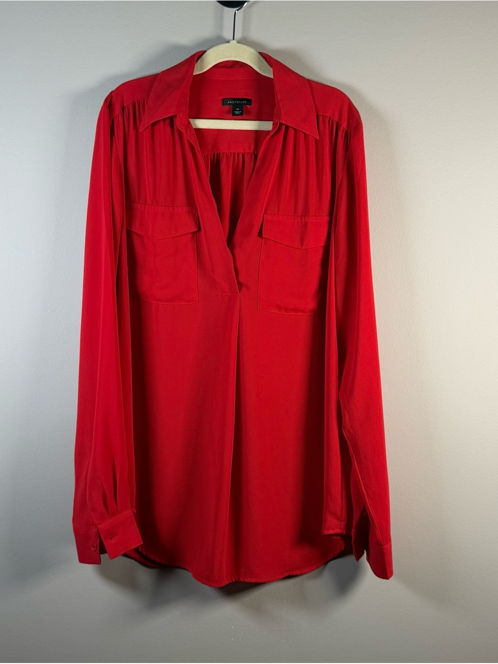 Ann Taylor Red Button-Down Style Long-Sleeve Shirt